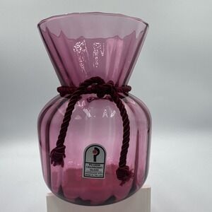 Pilgrim Cranberry Glass Vase 5.75" Handmade Art Glass Sack Vase Optic Ribbed